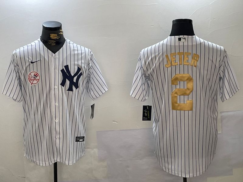 Men New York Yankees #2 Jeter White Stripe Fashion Nike 2024 MLB Jersey style 15